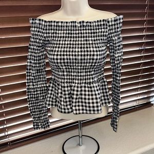 H&M Black and White Gingham Off-Shoulder Top